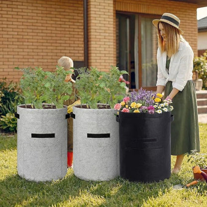 Homyhoo Potato Grow Bags with Flap 10 Gallon, 4 Pack Planter Pot with Handles and Harvest Window for Potato Tomato and Vegetables, Black and Gray