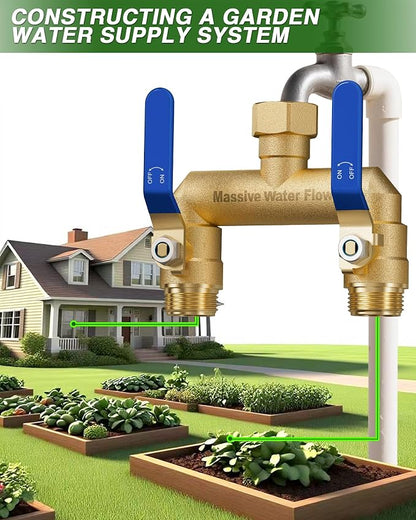 Hose Splitter 2 Way Heavy Duty, Full Flow Garden Hose Splitter with 2 Long Metal Handles, Brass Rust and Freeze Resistant Water Hose Bib Splitter, T Adapter Connector with 3/4 - Inch GHT Thread（Blue）