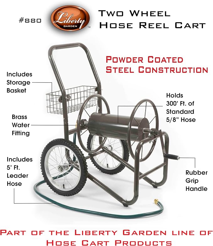 Liberty Garden 880-2 Industrial 2-Wheel Pneumatic Tires Garden Hose Reel Cart - Gray & Arm Navigator Multi-Directional Garden Hose Reel, Holds 125-Feet of, 5/8-Inch, Bronze