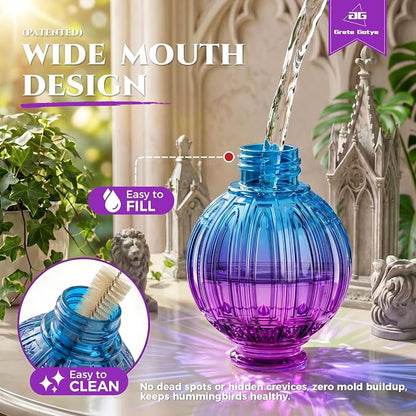 Glass Hummingbird Feeder for Outdoors Hanging, 26Oz Bird Nectar Feeder with Perch & 5 Flower Feeding Ports, Leak Proof for Outside Garden Decor Backyard, Gifts for Women Mom, Purple & Blue