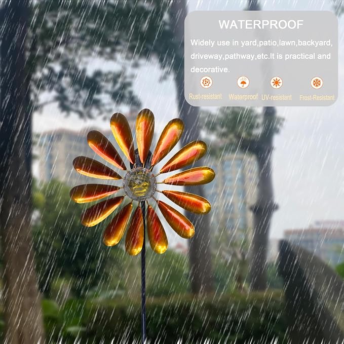 44.48in Orange Solar Daisy Wind Spinner, Metal Stake with Warm White LED Globe Lights