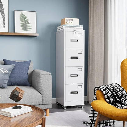Garvee 4-Drawer White Metal File Cabinet with Individual Locks, Heavy-Duty Steel Vertical Filing Cabinet for A4, Letter & Legal Size Documents, Locking Storage Cabinet for Home Office & School