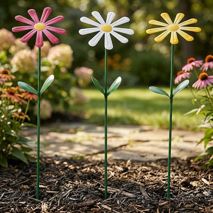Topadorn Set of 3 Metal Daisy Garden Stakes, Decorative Flower Garden Stakes for Planters, Flower Beds, Lawn & Patio, 14.5 Inch