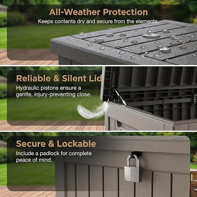 230 Gallon Deck Box, Waterproof Resin Outdoor Storage Box Lockable for Patio Furniture, Fade Resistant Patio Side Table & Organizer for Garden Tools, Pool Float, Outdoor Cushions, Light Coffee