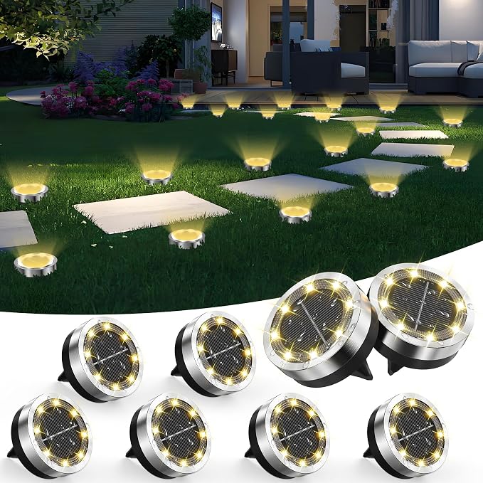 Solar Ground Lights Outdoor, 8 Pack Solar Lights Outdoor Waterproof, Mini Flat Solar-Powered Garden Light, Landscape Lighting for Garden Yard Lawn Pathway Walkway Driveway Backyard Decor, Warm White
