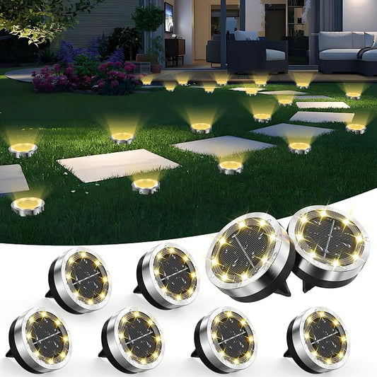 Solar Ground Lights Outdoor, 8 Pack Solar Lights Outdoor Waterproof, Mini Flat Solar-Powered Garden Light, Landscape Lighting for Garden Yard Lawn Pathway Walkway Driveway Backyard Decor, Warm White