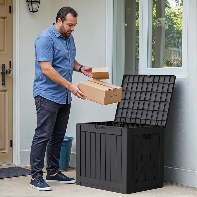 Greesum 40 Gallon Outdoor Package Delivery Box with Lock, Waterproof Secure Parcel Drop Box for Porch, Double-Wall Resin Storage, Black