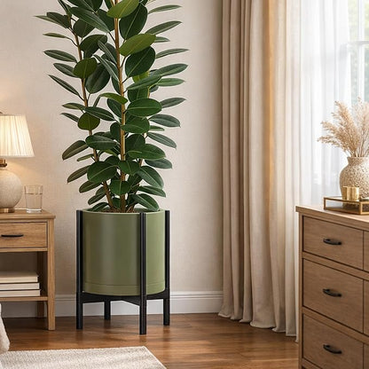 D'vine Dev Plastic Pot with Ebony Wood Stand, Olive, 14 in, 55-C-T-3 | Mid-Century Inspired Design, Elevated Plant Display, Clean Lines, Sturdy Support, Modern Space-Saving Style