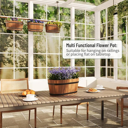 2-Pack Wooden Railing Planters, 13.2 inch Hanging Flower Pots with Detachable Hooks for Balcony, Fence, Deck, Garden, Country Home Decor -Brown