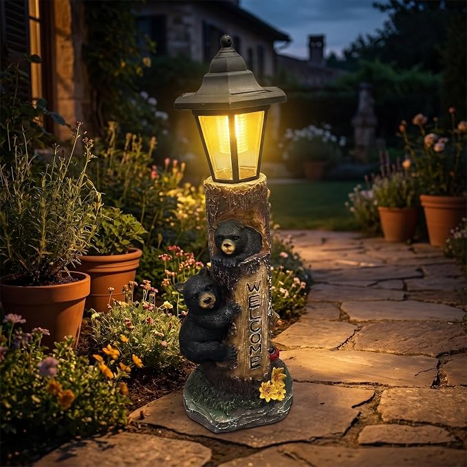 Brown Bear Statue for Garden with Solar Lights, 19 Inch Resin Bear Cubs Welcome Sign Outdoor Decor, Solar Powered Auto On/Off LED, Weather Resistant Yard Lawn Patio Cabin Figurine