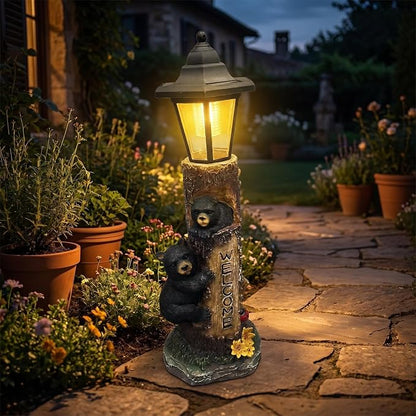 Brown Bear Statue for Garden with Solar Lights, 19 Inch Resin Bear Cubs Welcome Sign Outdoor Decor, Solar Powered Auto On/Off LED, Weather Resistant Yard Lawn Patio Cabin Figurine
