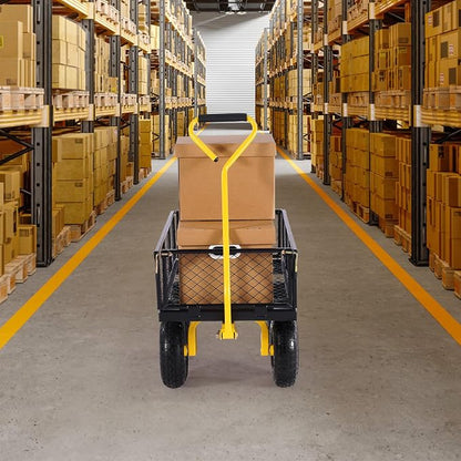 VEVOR Steel Garden Cart 500 lbs Heavy Duty Garden Wagon Cart on Wheels | Pullable Metal Yard Utility Wagon with 10" All Terrain Tires, Mesh Detachable Sides (Convert to Flatbed) 180° Rotating Handle