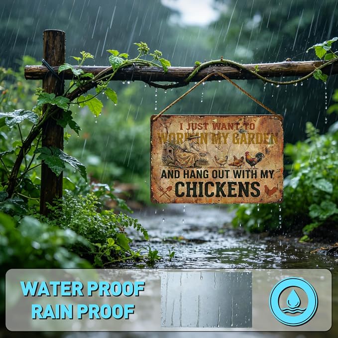 Funny Garden Metal Signs, Vintage Outdoor Wall Decor 12x8 Inch | Work in My Garden With Chickens, Weatherproof Aluminum Sign for Patio Yard Greenhouse, Gift For Gardeners