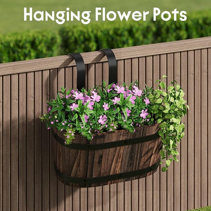 2-Pack Wooden Railing Planters, Hanging Flower Pots with Detachable Hooks for Balcony, Fence, Deck, Garden & Country Home Decor, Carbonized
