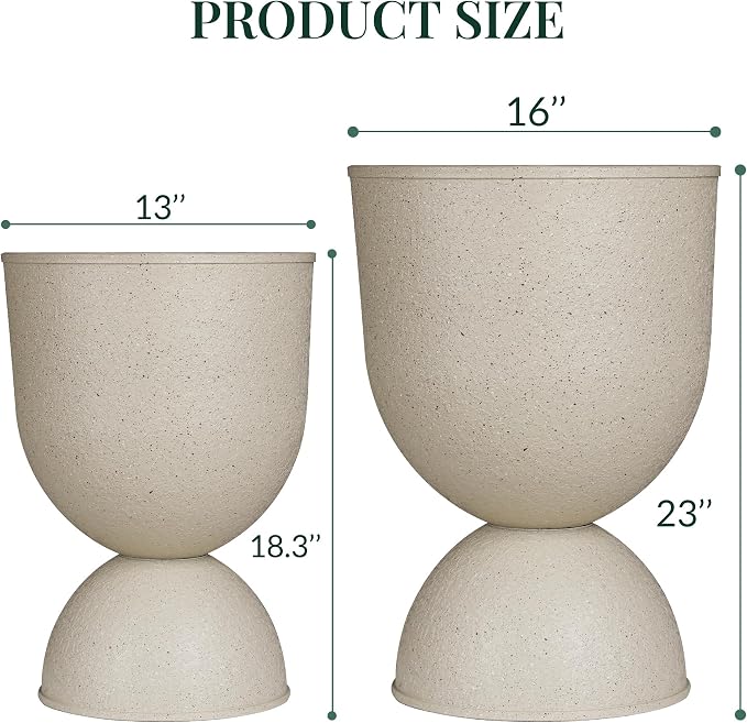 KOL Planters Flower Pots, Large Plastic Urn Planters for Indoor Outdoor Plants, Beige Pedestal Planter 2 Pack, 18 Inch+23 Inch, Decorative Planters with Drainage Holes & Plugs for Porch Garden