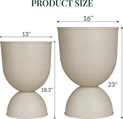 KOL Planters Flower Pots, Large Plastic Urn Planters for Indoor Outdoor Plants, Beige Pedestal Planter 2 Pack, 18 Inch+23 Inch, Decorative Planters with Drainage Holes & Plugs for Porch Garden