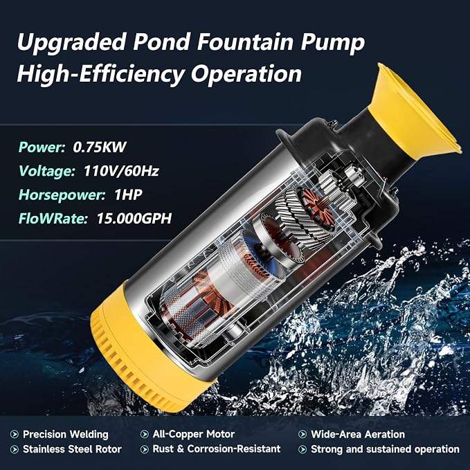 Pond Fountain Aerator with 2 RGB Lights, 1HP 110V 15000GPH Floating Fountain Pump with Timer, 100FT Power Cord, 2 x 100 FT Traction Rope, Aerating Fountains for Larger Outdoor Ponds, Lakes