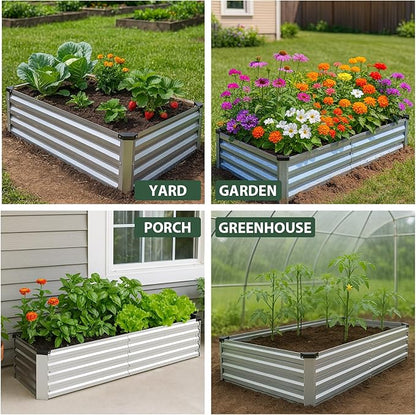 2 Pack 6x3x1FT Galvanized Metal Raised Garden Bed Kit for Vegetables, Herbs, Open-Bottom Large Capacity Outdoor Planter Box Gardening Stakes, Silver