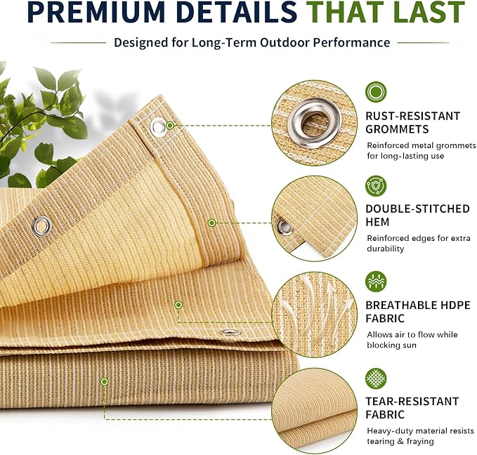 90% Outdoor Sun Shade Cloth, 10' x 16', Pergola, Deck, and Backyard Patio Sunshade with UV Protection, Heat Resistant HDPE Material, Reinforced Grommets (10x16 FT, Wheat)