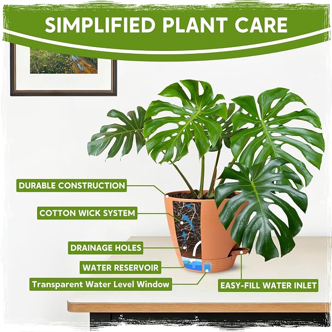 8 Inch Self Watering Pots for Indoor Plants, Plastic Planters with Deep Reservoir & Drainage Holes, Flower Pots for Monstera, Snake Plant & Peace Lily, Worry-Free Vacation Care (Terra Cotta, 8 inch)