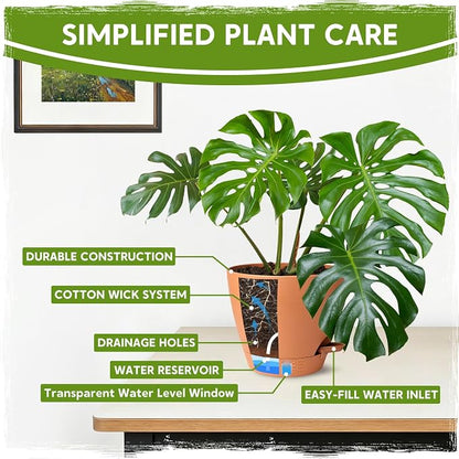 8 Inch Self Watering Pots for Indoor Plants, Plastic Planters with Deep Reservoir & Drainage Holes, Flower Pots for Monstera, Snake Plant & Peace Lily, Worry-Free Vacation Care (Terra Cotta, 8 inch)