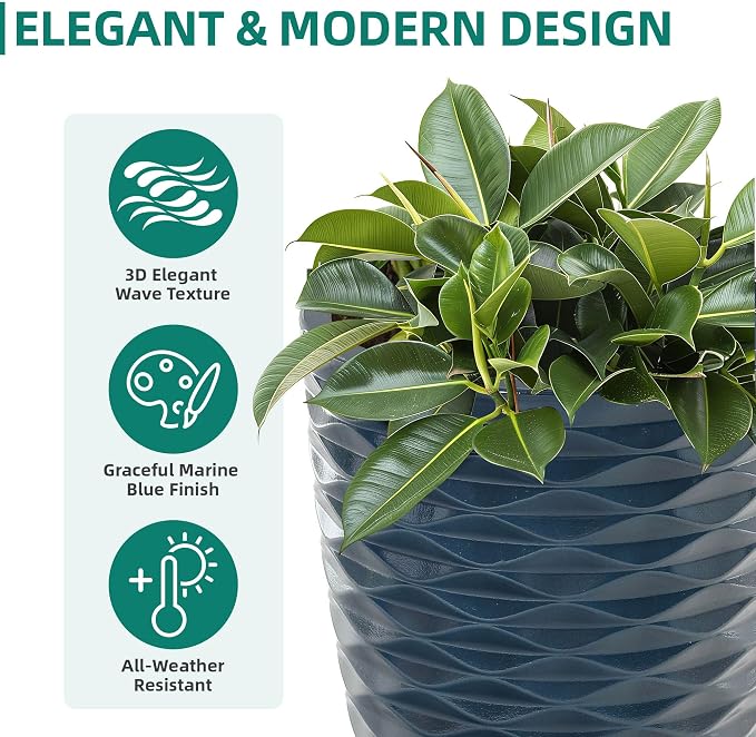 2-Pack 19" Glossy Navy Blue Resin Tall Planters with Wave Texture | Set of 2 resin tall planters with glossy navy blue wave texture, drainage plugs, and UV-resistant finish for porch or patio