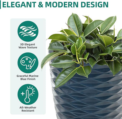2-Pack 19" Glossy Navy Blue Resin Tall Planters with Wave Texture | Set of 2 resin tall planters with glossy navy blue wave texture, drainage plugs, and UV-resistant finish for porch or patio