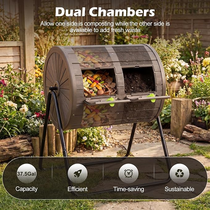 Goplus Compost Tumbler, 37.5 Gallon Large Outdoor Compost Bin w/Dual Chambers, 2 Lockable Doors, Efficient 360° Rotating Batch Composter for Garden Yard Farm Waste, Easy Assembly, BPA-Free (Coffee)