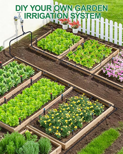Drip Irrigation System for Garden, Automatic Garden Watering System with 115FT 1/2” & 1/3” Tubing, Dual Faucet, Adjustable Nozzle Emitters for Garden, Greenhouse, Lawn, Potted Plants