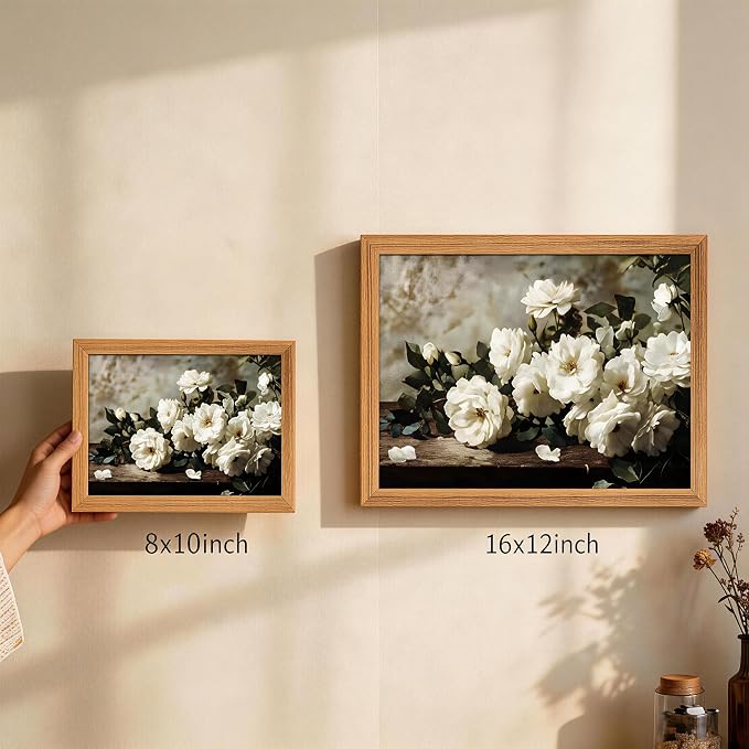 smvexyl Framed White Rose Vintage Floral Wall Art, Botanical Canvas Painting, Rustic Farmhouse Cottagecore Flower Decor, Romantic Botanical Artwork for Living Room Bedroom Bathroom Home Decor, 16x12inch