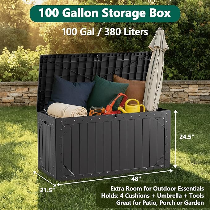 100 Gallon Outdoor Storage Box, Waterproof Resin Deck Box Organizer for Patio Cushion Storage, Lockable Outside Container for Garden Tools