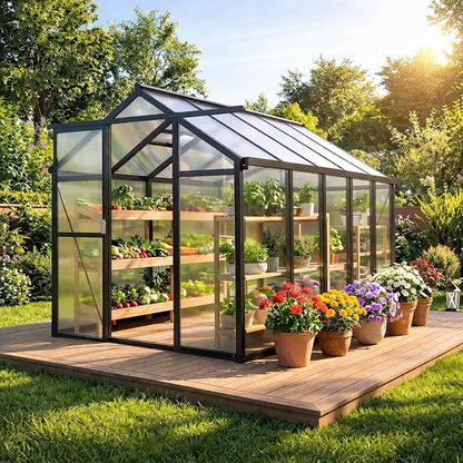 6 x 8 ft Greenhouse, Greenhouses for Outside, Polycarbonate Greenhouse with Aluminum Frame, Lockable Door and Ajustable Roof Vent for Backyard, Green Houses for Outside Garden Backyard, Patio