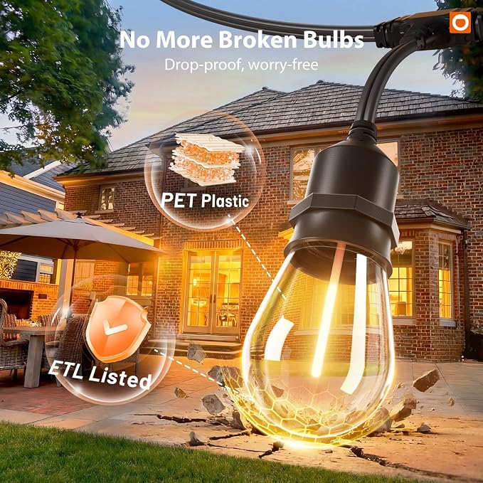 addlon 50FT Outdoor String Lights LED with Remote Dimmable Patio Lights Waterproof Shatterproof Edison Bulb for Outside Backyard Porch Garden Bistro Pergola Party Decor, Warm Ambience Lighting