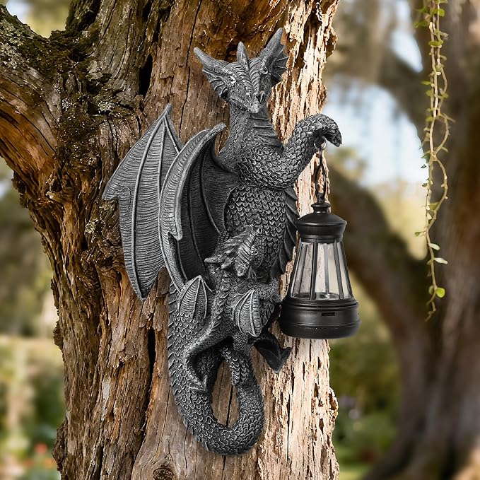 Solar Dragon Decor Tree Hugger Statue | Outdoor Garden Statue with LED Light for Yard, Patio, Balcony | Fantasy Dragon Figurine for Trees, Walls, Fences | Unique Gift for Women, Men & Mom