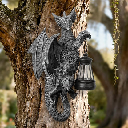 Solar Dragon Decor Tree Hugger Statue | Outdoor Garden Statue with LED Light for Yard, Patio, Balcony | Fantasy Dragon Figurine for Trees, Walls, Fences | Unique Gift for Women, Men & Mom