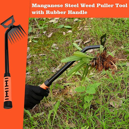 BokingOne Portable Weed Removal Tool - 8-Prong Manganese Steel with Black Baked Rust-Proof Coating for Garden Lawn Farm, Non-Slip Rubber Handle