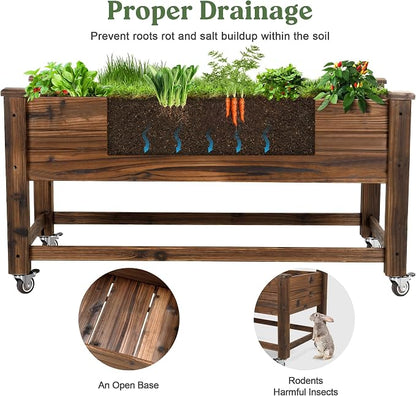 OIPRTGFJ Cedar Wood Outdoor Raised Garden Bed Planter Box with Locking Wheels, 41x21x20 inch, Carbonization Color