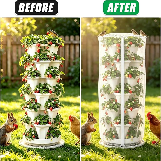24"x59"Vertical Plant Pot Insect Netting with Zipper for Strawberry Planter | 2 Pcs Stackable 6-7 Tier Planter Pot Insect Mesh Protection for Herb Flower Fruit Vegetable, Front and Rear Two Zippers