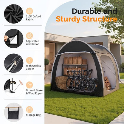 VINGLI Bike Storage Shed Tent for 4-5 Bikes, Outdoor Portable Bicycle Storage Shed with Carry Bag, Waterproof Bike Tent for Motorcycle, Garden Tools, Lawn Mower, Black
