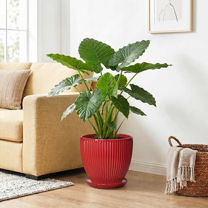 10 Inch Plant Pot, Ceramic Planters for Indoor Plants, Decorative Plant Pots with Drainage Hole and Saucer, Modern Round Large Planter, Office Apartment Decor, House Warming Gifts, Red
