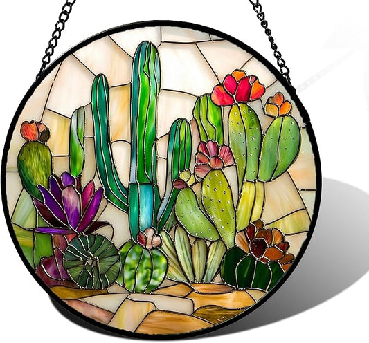 DASTOLL Stained Glass Window Hanging, White Green Cactus Suncatcher Diamond Glass Panel Hangings Sun Catchers Decor for Birthday for Women, Men, Wife, Aunt, and Mom 6.3 in