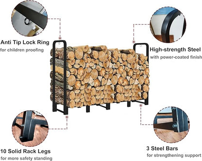 Firewood Rack Outdoor 8ft Heavy Duty Logs Holder for Indoor Fireplace Metal Wood Pile Storage Stacker Organizer, Matte Black