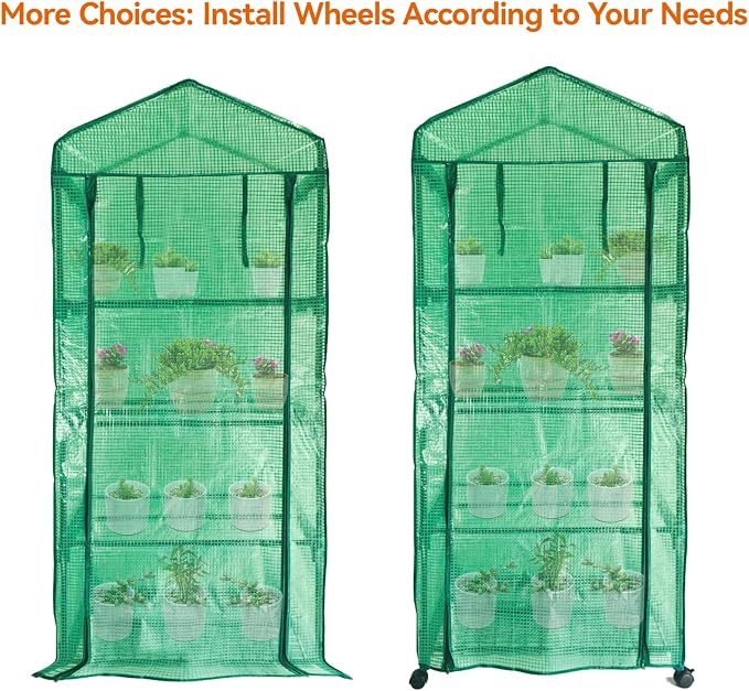 Mini Greenhouse,4 Tier Small Portable Greenhouses Kit with Caster Wheels and Roll-up Zipper PE Cover,Green House for Indoor Outdoor Seedling and Plant Growing 27.6" L x 19.7" W x 65" H,Green