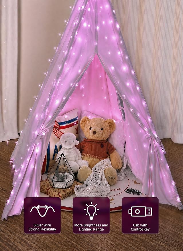 Brightown 300 LED Pink Fairy Curtain Lights, 9.8ft x 9.8ft String Lights | USB Plug in 8 Lighting Modes Christmas String Hanging Lights with Remote for Bedroom Indoor Outdoor Xmas Valentine's Day