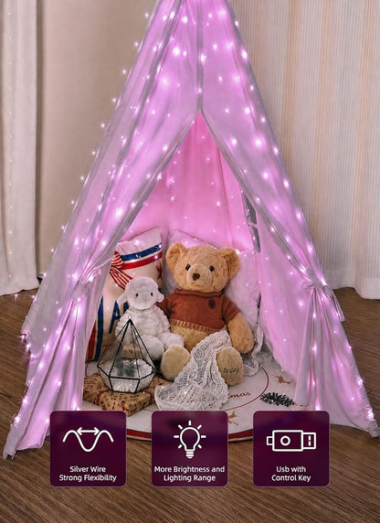 Brightown 300 LED Pink Fairy Curtain Lights, 9.8ft x 9.8ft String Lights | USB Plug in 8 Lighting Modes Christmas String Hanging Lights with Remote for Bedroom Indoor Outdoor Xmas Valentine's Day
