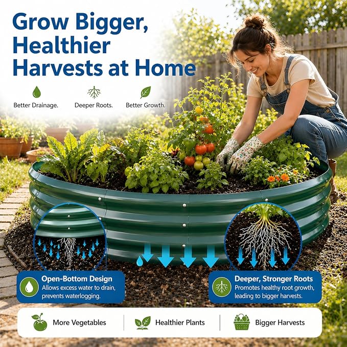 4FT Round Raised Garden Bed, Heavy Duty Galvanized Metal Planter Box for Vegetables, Flowers & Herbs, Rust-Resistant Outdoor Gardening Bed with Modern Green Finish & Easy DIY Assembly