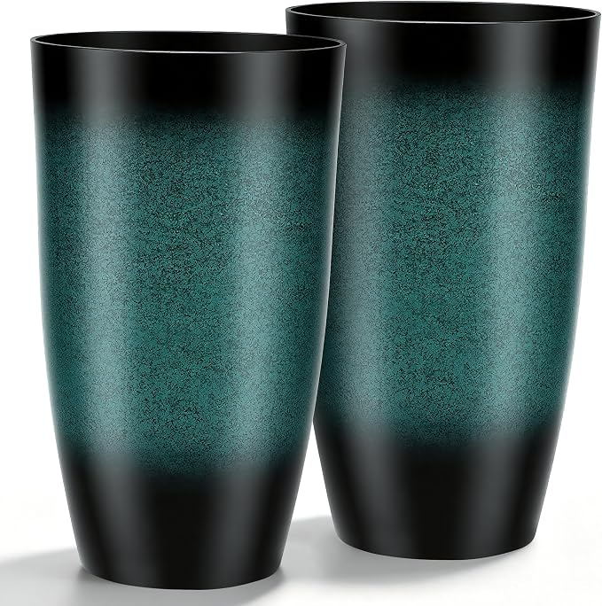 Autodaya 24" Gradient Teal Ceramic-Look Tall Planters Set of 2 | High-Density PP Pots With Drainage Hole for Indoor and Outdoor Plants, Patio, Garden, Porch, Living Room, or Gifting