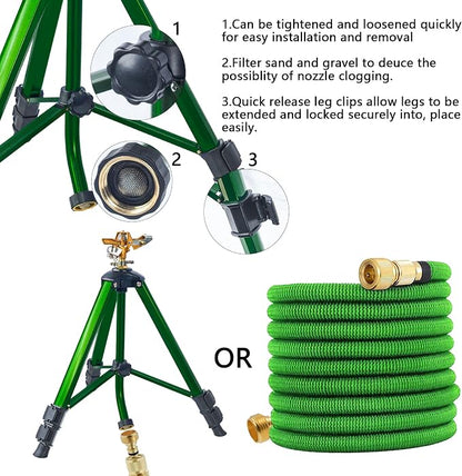 Hourleey Impact Sprinkler on Tripod Base, 2 Pack Heavy Duty Sprinklers for Lawn Yard Garden, 0-360 Degree Large Area Coverage, 3/4 Inch Connector Extension Legs Flip Locks with Brass Head