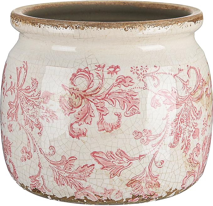 Vintage Planter Large Ceramic Plants Pot Pink Floral Scroll Ice Crack Cottage Scroll Vase Flower Vase Pot Indoor Plants Home Kitchen Decor Farmhouse Antique Decorative Gifts
