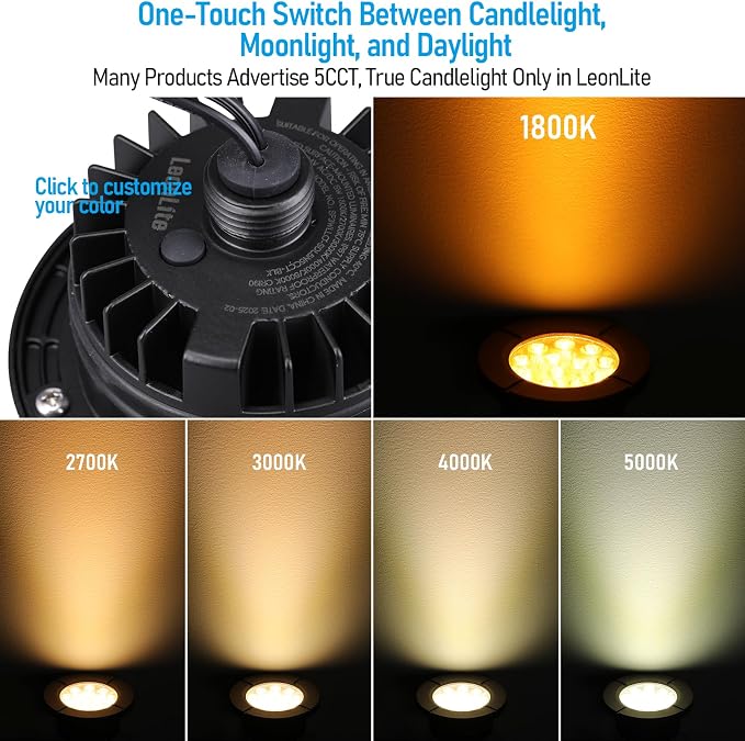 LEONLITE 6-Pack Dia. 4 Inch 5CCT Well Lights Flat Top Black | 1800K/2700K/3500K/4000K/5000K, 12-24V AC/DC, CRI90, Landscape LED In Ground Outdoor, Low Voltage Garden Landscaping, Aluminum